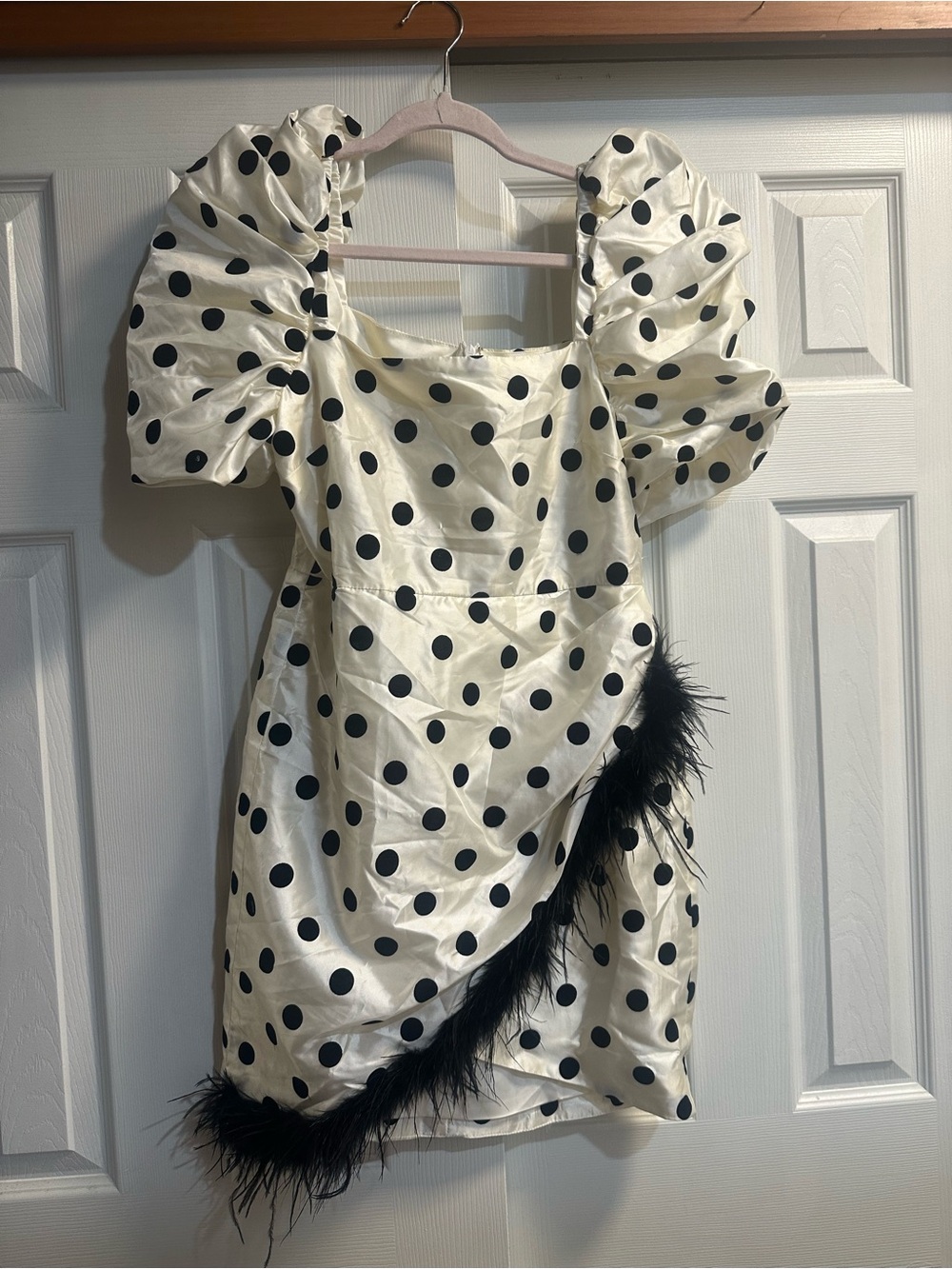 LPA Cream Mini Dress with Black Polka Dots and Feather Trim